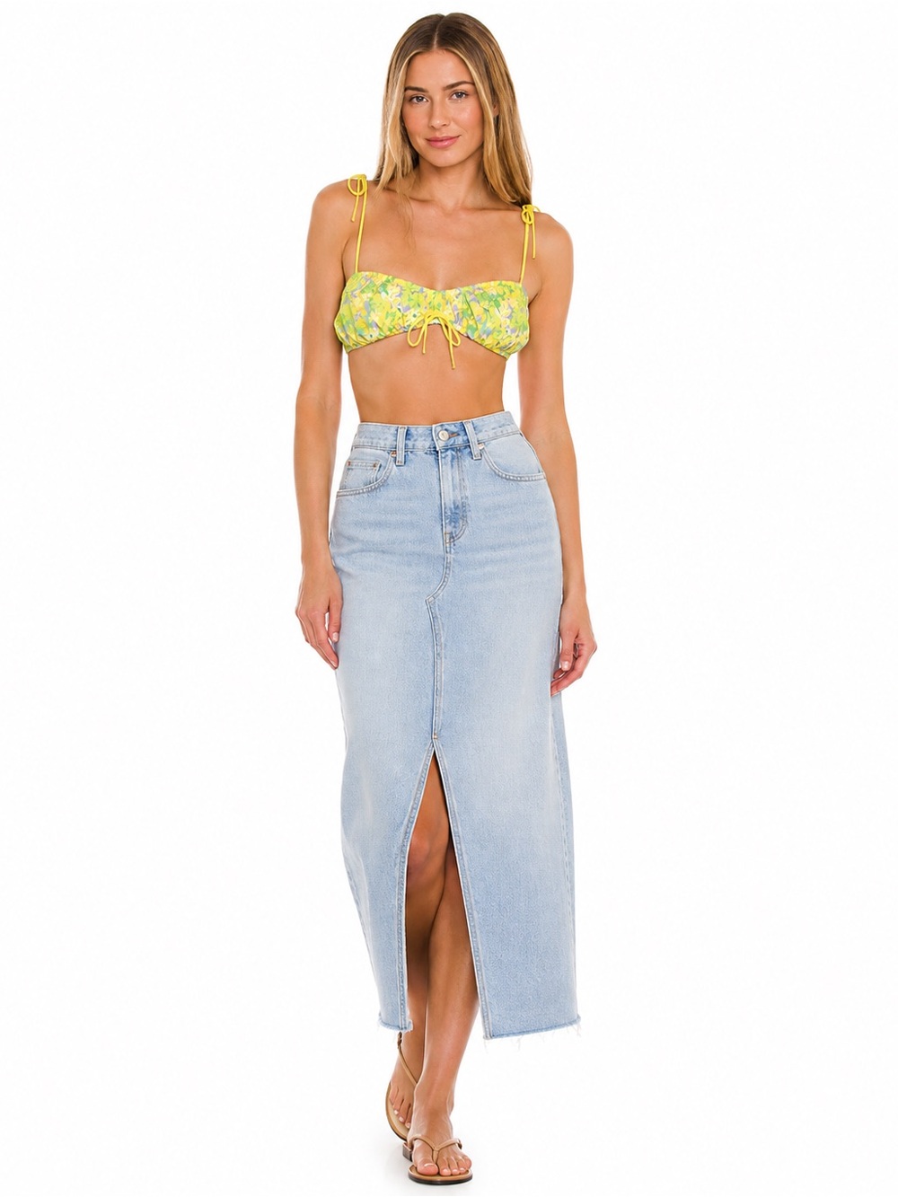 NEW For Love Bell Yellow Floral Ruched Tie Strap Crop Top Y2K Coquette M